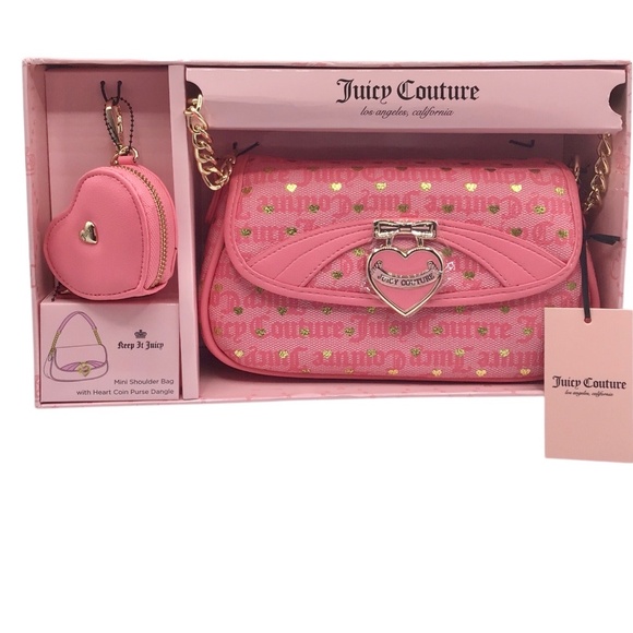 NIB Juicy Couture Pink Heart Mini Shoulder Bag + Heart Coin Purse Set Y2K - Picture 2 of 16